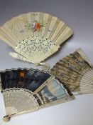 THREE ANTIQUE BONE / IVORY HANDPAINTED FOLDING FAN FOR RESTORATION, to include one with painted