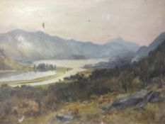 (XIX). Mountainous wooded lake scene, signed with monogram lower right, oil on canvas, unframed,