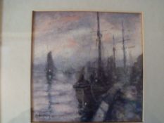 FREDERICK GORDON CROSBY (1855-1943). Misty harbour scene with sailing vessels and figures, signed