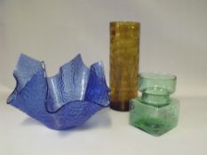 A 1960s TEXTURED BLUE GLASS HANDKERCHIEF VASE BY CHANCE BROTHERS, a larger Artic example from the '