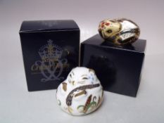 A ROYAL CROWN DERBY 'COUNTRY MOUSE' PAPERWEIGHT, together with a 'Sleeping Dormouse' paperweight,