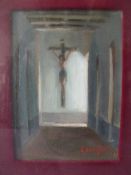 (XX). Impressionist interior scene with life size study of Christ on the cross at the end of