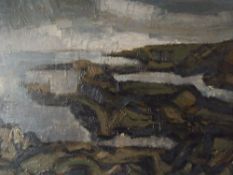 CIRCLE OF JOHN KYFFIN WILLIAMS (1918-2006). Impressionist stormy rocky coastal scene with figure,