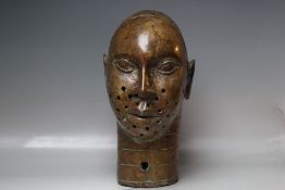 VINTAGE BRONZE BENIN HEAD, H 42 cm