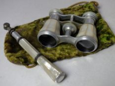 A PAIR OF MOTHER OF PEARL OPERA GLASSES, with detachable extending handle, fabric bag