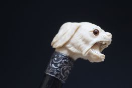 A HALLMARKED SILVER MOUNTED IVORY GOD HEAD HANDLE WALKING CANE - BIRMINGHAM 1893, L 9+1 cm