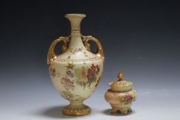 A ROYAL WORCESTER BLUSH IVORY TWIN HANDLED FLORAL VASE, H 27 cm together with a small pot pourri