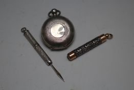A SILVER SOVEREIGN CASE, A/F, together with a propelling tooth pick and a pencil holder? (3)