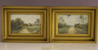 (XIX-XX). A pair of rural wooded landscapes with cottages and figures, indistinctly signed both
