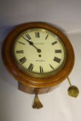 A 19TH CENTURY MAHOGANY CASED CIRCULAR WALLCLOCK WITH SINGLE FUSEE MOVEMENT, the enamel dial with