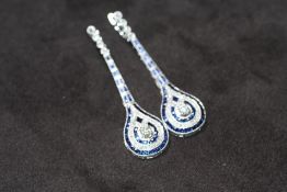 A PAIR OF ART DECO STYLE SAPPHIRE AND DIAMOND DROP EARRINGS, set with 1.38ct diamonds, approx and