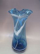 A VINTAGE STUDIO / ART GLASS VASE WITH SIGNATURE TO BASE, blue cased body with white swirled