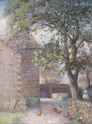 R. FISH (XX). Impressionist farmstead scene with figure and chickens, signed lower left, oil on