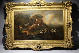 (XVIII-XIX). Dutch school, stormy rocky wooded landscape with resting cattle, sheep and drover,
