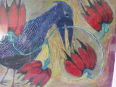 KRISTINA PAGE (XX). Modernist study of a crow and flowers, signed verso, mixed media on paper,