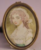(XIX). Oval portrait miniature of a young lady in a white dress, unsigned, framed and glazed, 8 x