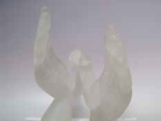 AN IESTYN DAVIES 'BLOWZONE' ART GLASS SCULPTURE IN THE FORM OF TWO HANDS, the individual frosted