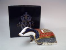 A ROYAL CROWN DERBY COLLECTORS GUILD MOONLIGHT BADGER PAPERWEIGHT, gold octagonal 21 stopper, with