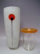 TWO STUDIO ART GLASS VASES, to include an unusual clear glass bodied vase with bubble inclusion,