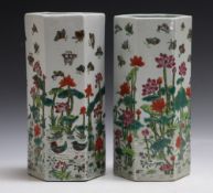 A PAIR OF CHINESE HEXAGONAL SLEEVE VASES, decorated with a pond scene with ducks and butterflies,