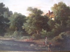 (XIX-XX). Wooded river landscape with figures fishing, cottage in background, unsigned, oil on