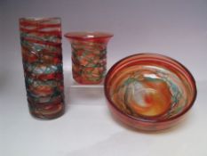 THREE MDINA CLEAR AND ORANGE STUDIO GLASS ITEMS WITH APPLIED TURQUOISE DECORATION, comprising