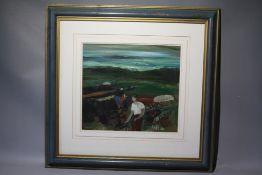 RAY EVANS (b.1920). 'Peat Cutters, Donegal', see verso signed lower left, oil on canvas laid on