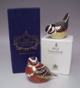 A ROYAL CROWN DERBY 'CHAFFINCH' PAPERWEIGHT, together with a 'Blue Tit' paperweight, both gold