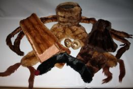 A COLLECTION OF VINTAGE FUR ACCESSORIES, to include a mink stole, gloves, a muff, scarf and two