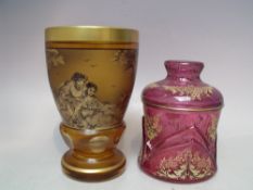 A BOHEMIAN GLASS VASE WITH PAINTED AND GILDED EMBELLISHMENT, the central frosted band painted with a