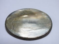 A HAND PAINTED MOTHER OF PEARL BROOCH, signed lower left, W 5 cm