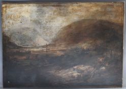 (XIX). Stormy wooded coastal landscape with figures, goats and buildings, hills in background,