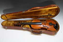 A VIOLIN AND BOW IN CROCODILE SKIN TYPE CASE, two piece back, L 59 cm