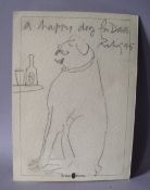 HAROLD RILEY (b.1934). Comical sketch of a dog title 'Happy Dog for Dave', together with a menu