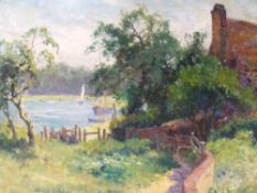 (XX). Impressionist wooded river landscape with boats and cottage, unsigned, oil on board, framed,