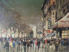 (XX). Continental school nighttime scene on Les Champs Elysees, Paris, with numerous figures, signed