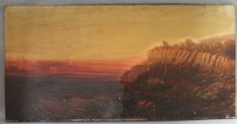 (XIX). Rocky coastal scene at sunset with beached sailing boat and cliff top castle, unsigned, oil