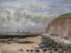 (XX). Stormy coastal scene with town in background, indistinctly signed lower left, oil on canvas,