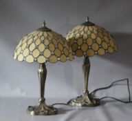 A PAIR OF MODERN TIFFANY STYLE TABLE LAMPS with domed cream shades having inset clear cabochon