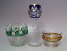 THREE ITEMS OF VINTAGE GLASS, to include a Bohemian blue / clear flash cut hock glass, with gilt
