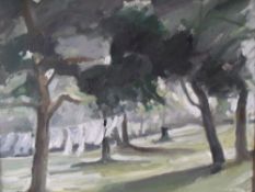 RON MOORE (XXI). English school, impressionist study of a Rhondda village, see verso, signed lower