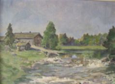 R. SANIO. Impressionist wooded river landscape with farmstead, signed and dated 1965 lower left ,oil