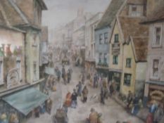 (XX). British school, street scene in Hemel Hempstead with numerous figures, signed lower right,