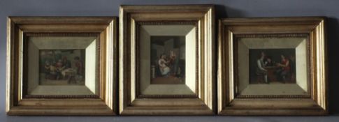 (XIX-XX) Dutch school, three courtyard and interior scenes with figures, unsigned, oils on metal,