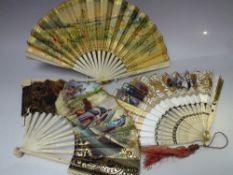 THREE ANTIQUE BONE / IVORY HANDPAINTED FOLDING FAN FOR RESTORATION, with painted scenic and