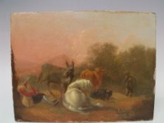 (XVIII-XIX). Dutch school, wooded mountainous landscape with figures and animals, indistinct label