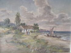 (XX). Irish school, stormy coastal scene with cottage, sailing vessels and figures 'North West Coast