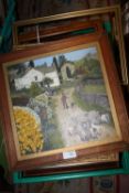A BOX OF PICTURES AND PRINTS TO INCLUDE AN OIL ON BOARD OF A SHEPERD DRIVING SHEEP SIGNED FANNY