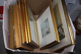 A BOX OF ASSORTED PRINTS TO INCLUDE FRAMED AND GLAZED JMW TURNER PRINTS ETC.