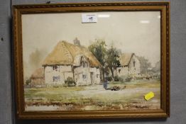 A GILT FRAMED AND GLAZED WATERCOLOUR OF A FIGURE FEEDING CHICKENS BY A COTTAGE SIGNED H CUBBERLY